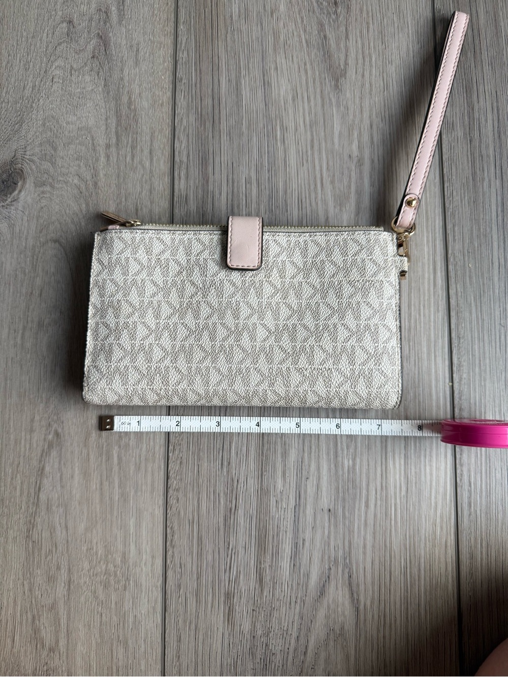 Michael Kors Cream and Light Pink Logo Wristlet Clutch with Strap